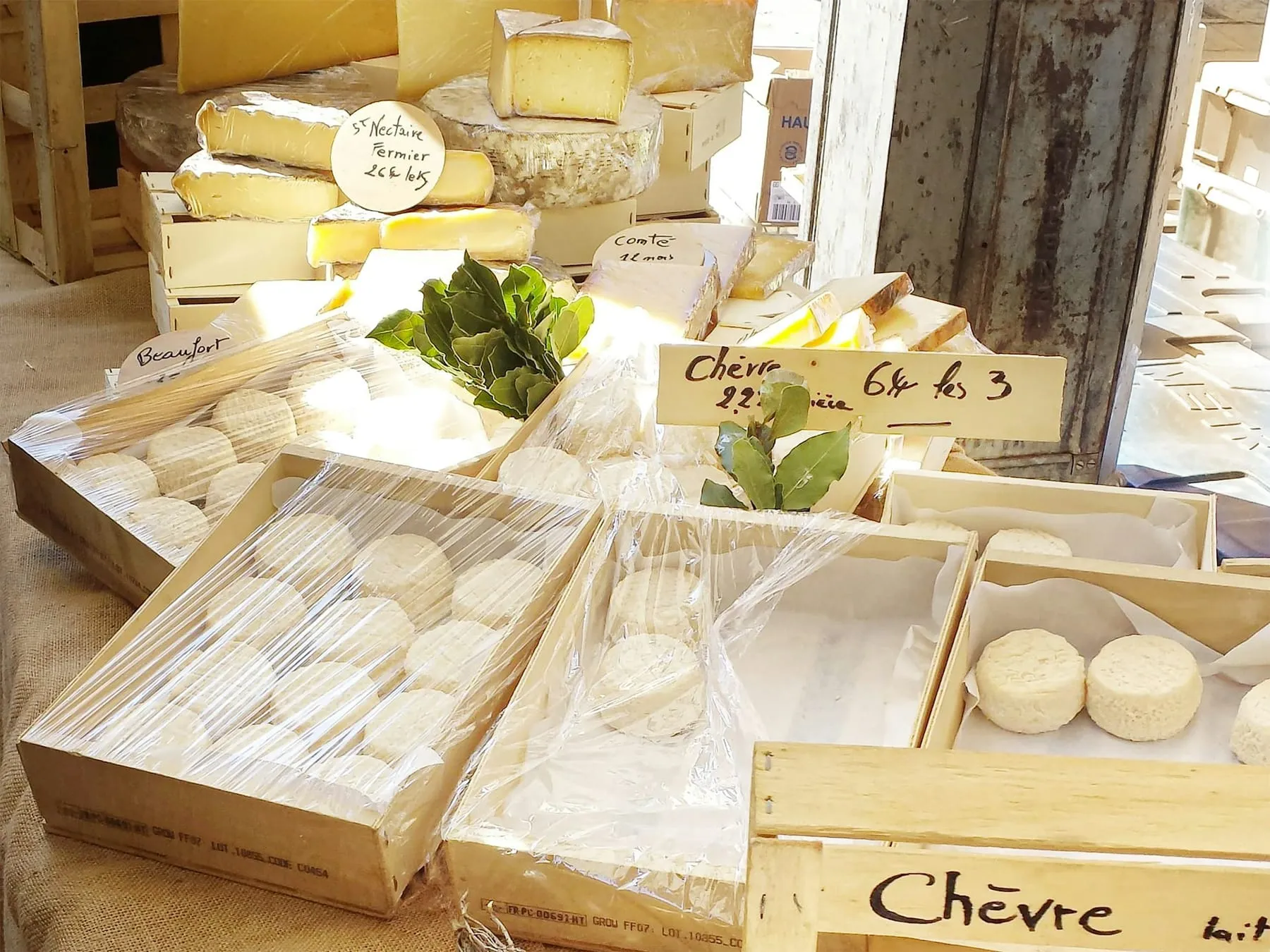 Étal de fromages sur un marché provençal à Aix-en-Provence — comté, beaufort, chèvre frais
