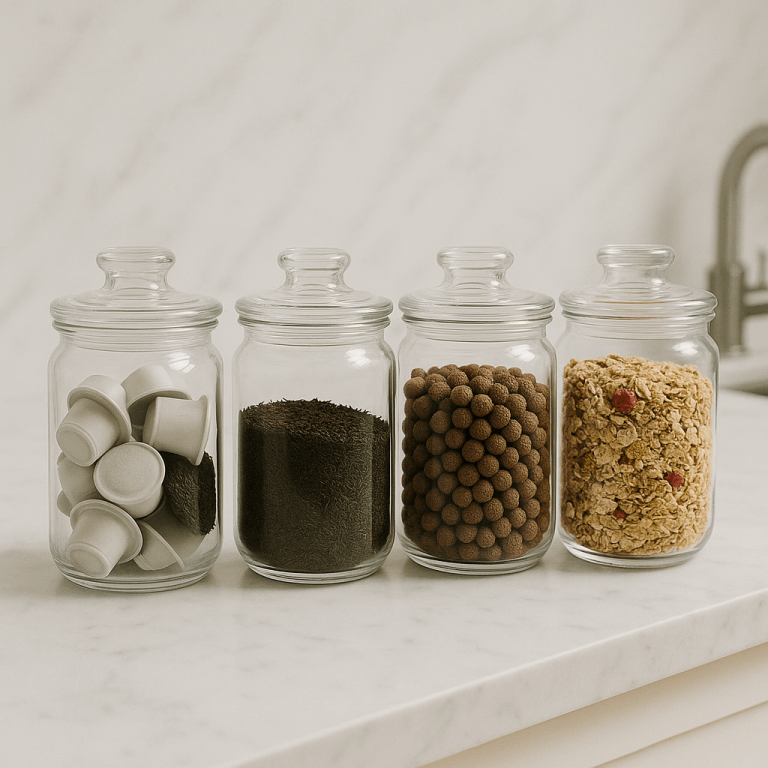 Quatre bocaux en verre alignés sur un comptoir de cuisine contenant des dosettes de café du café moulu des boules de chocolat et du muesli pour un rangement organisé.