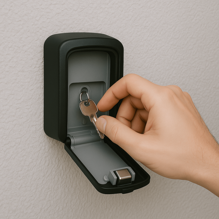 Une main récupère une clé d'un boîtier mural sécurisé noir monté sur un mur intérieur déverrouillé et ouvert montrant la sécurité et l'organisation à domicile.