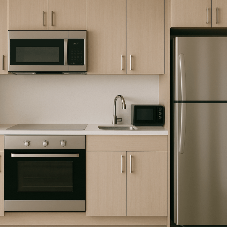 Cuisine moderne avec des appareils en acier inoxydable y compris un four un micro-ondes un réfrigérateur et un évier intégrés dans des armoires en bois clair.