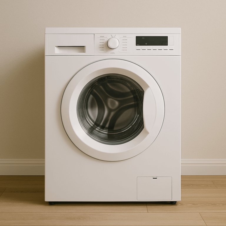Machine à laver moderne blanche sur parquet en bois clair dans une pièce sobrement décorée. Appareil électroménager efficace pour l'entretien des vêtements à domicile.