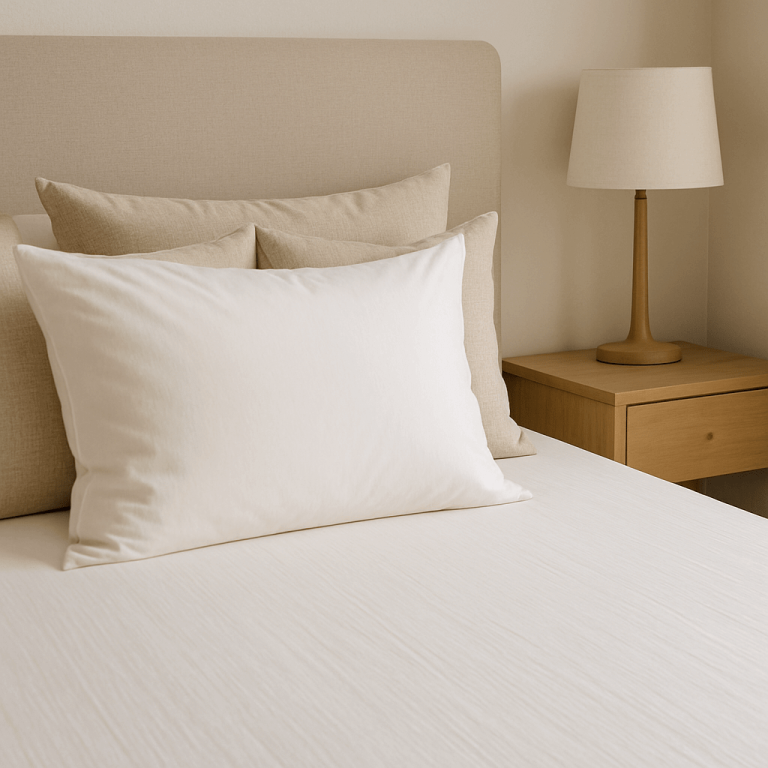 Lit confortable avec oreillers moelleux et lampe de chevet élégante en bois sur une table de nuit moderne dans une chambre apaisante au décor minimaliste et chaleureux.
