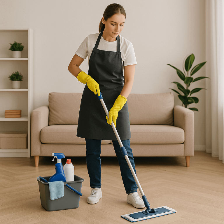 Une femme nettoie un sol en bois avec une vadrouille bleue dans un salon moderne et lumineux. Une boîte avec des produits de nettoyage est posée à côté d'elle.