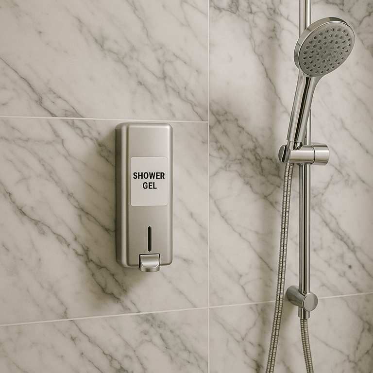 Distributeur de gel douche argenté moderne et pommeau de douche sur un mur de salle de bain en marbre blanc élégant idéal pour une décoration intérieure contemporaine et épurée