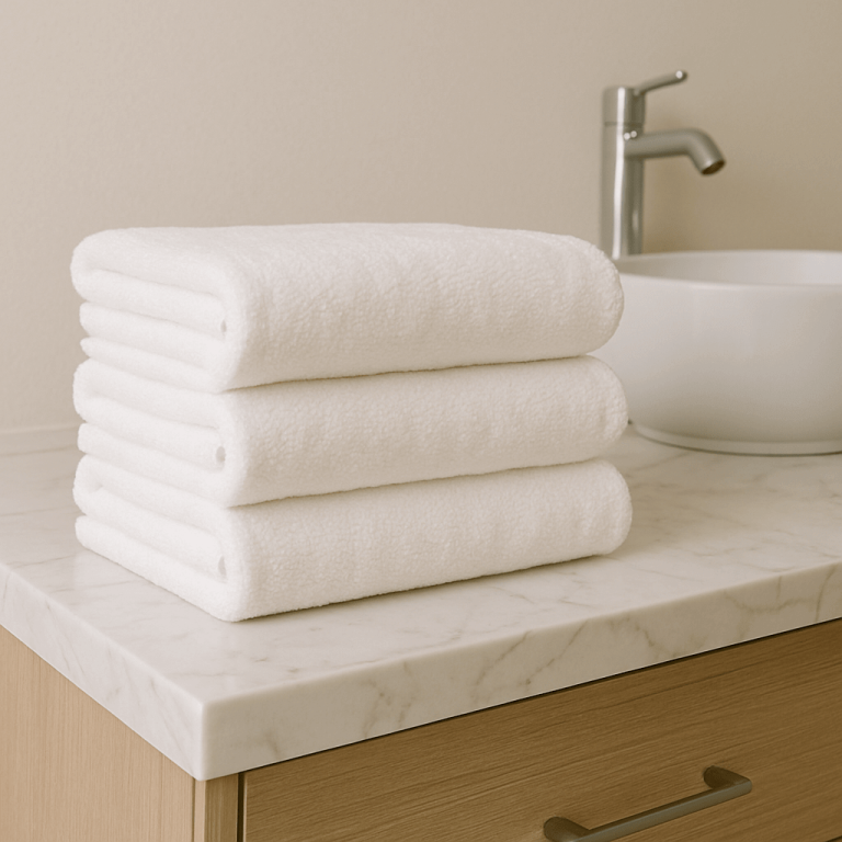 Quatre serviettes blanches pliées soigneusement empilées sur un comptoir en marbre dans une salle de bain minimaliste avec un évier moderne en arrière-plan.