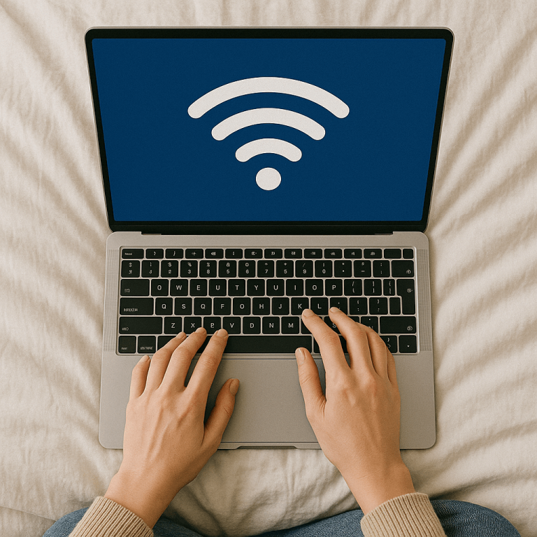 Mains tapant sur un ordinateur portable avec un symbole Wi-Fi à l'écran représentant une connexion internet stable et rapide idéal pour le télétravail et la navigation en ligne